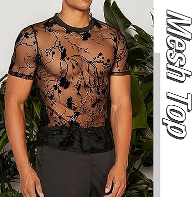 MANJIAMEI Men's Floral Sheer Mesh T-Shirt, Sexy Black See